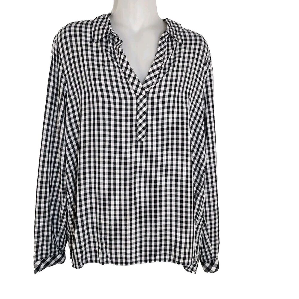J. Jill Women's Top Medium Black White Mixed Gingham Check Split V Neck Popover